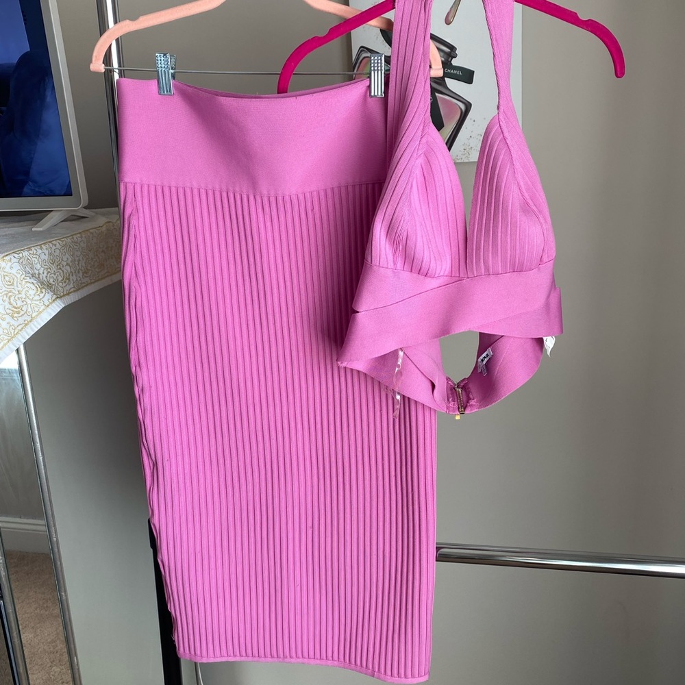 Pink halter two piece skirt set